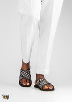 BLACK OFF WHITE  PATTERN JUTE COMFORTABLE CRISSCROSS SANDALS FOR MEN