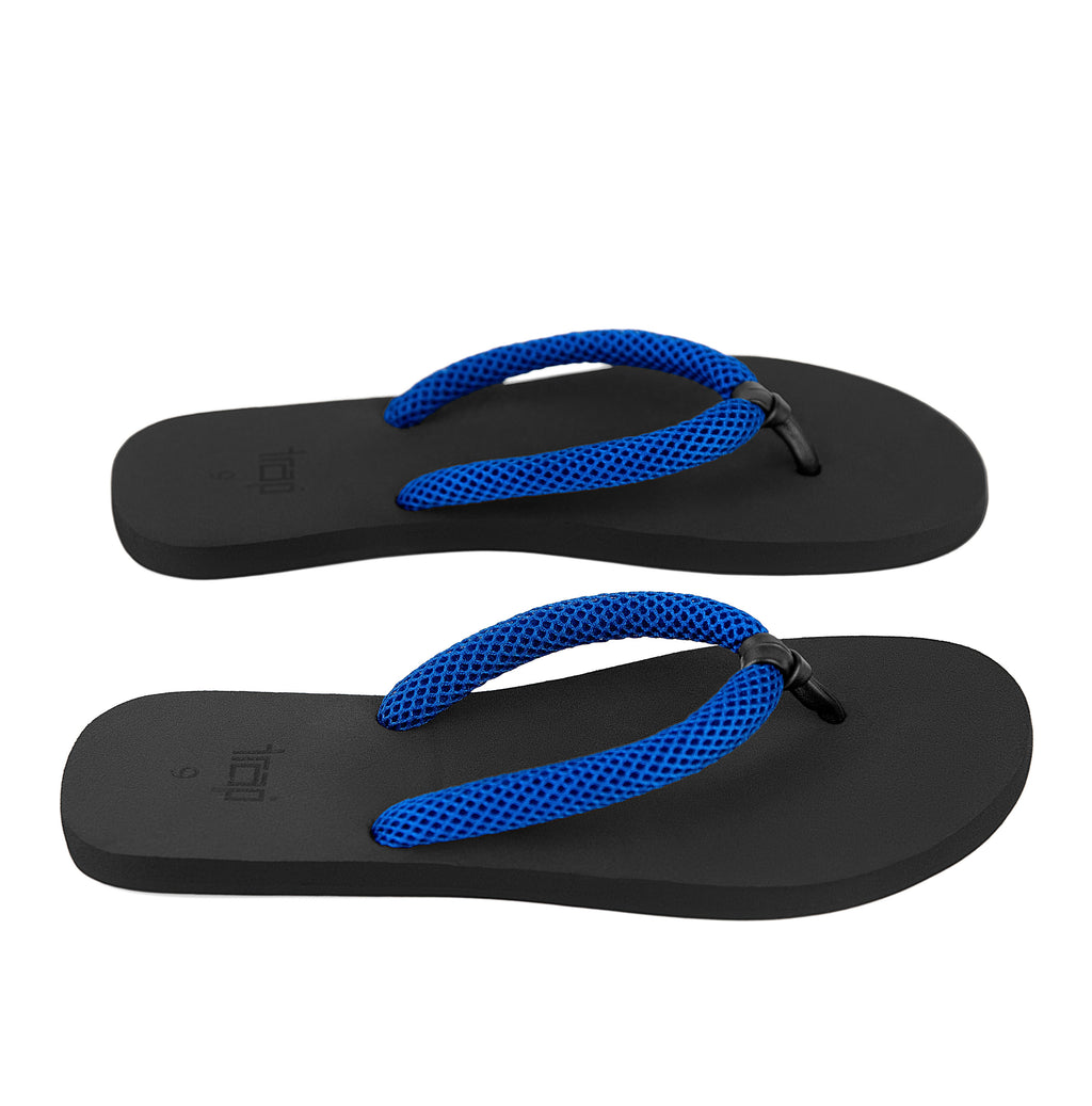 CHALE BLUE/BLACK OPEN TOE MESH/LEATHER THONG WOMEN FLIP FLOP SANDALS