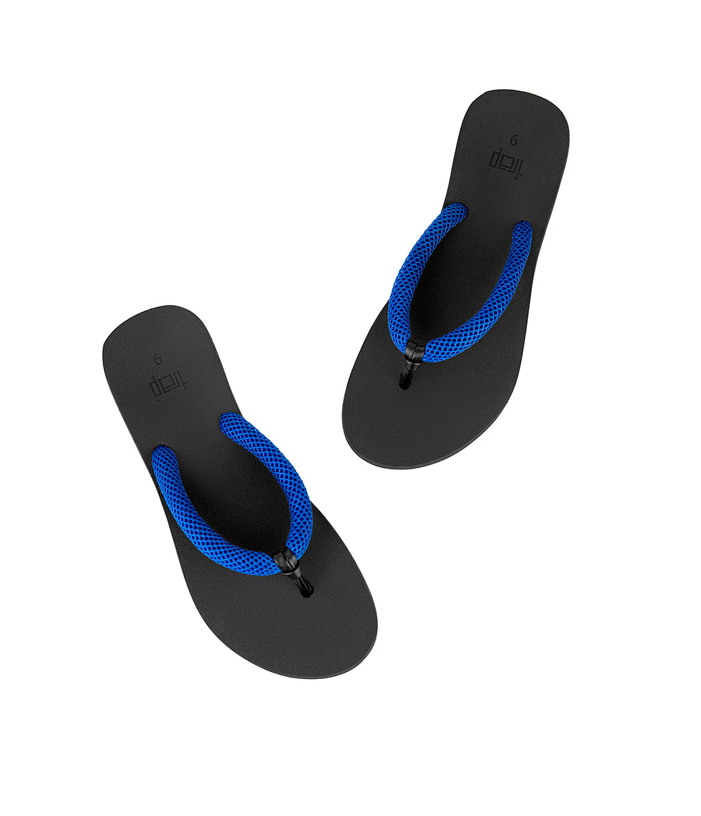 CHALE BLUE/BLACK OPEN TOE MESH/LEATHER THONG WOMEN FLIP FLOP SANDALS