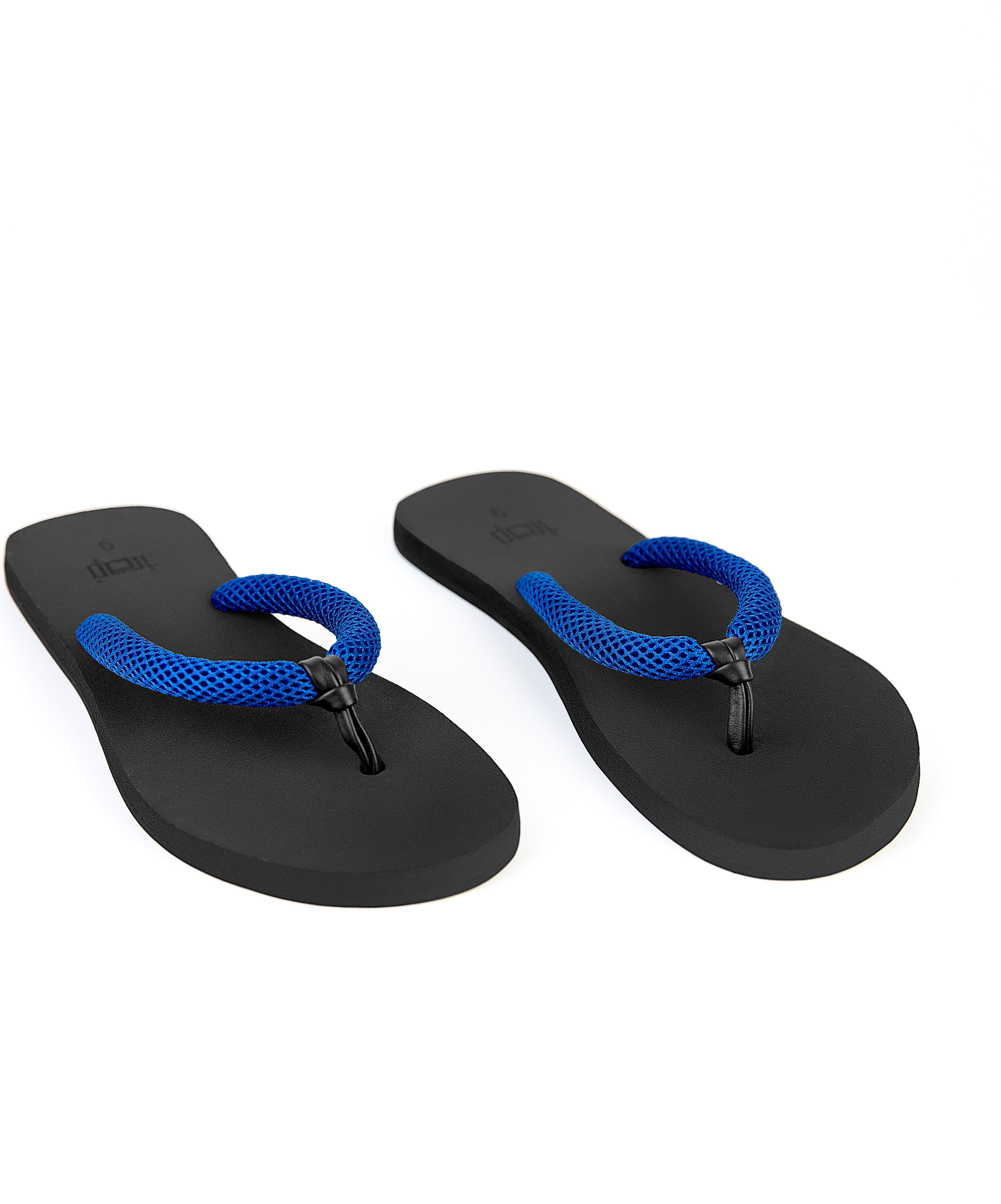 CHALE BLUE/BLACK OPEN TOE MESH/LEATHER THONG WOMEN FLIP FLOP SANDALS