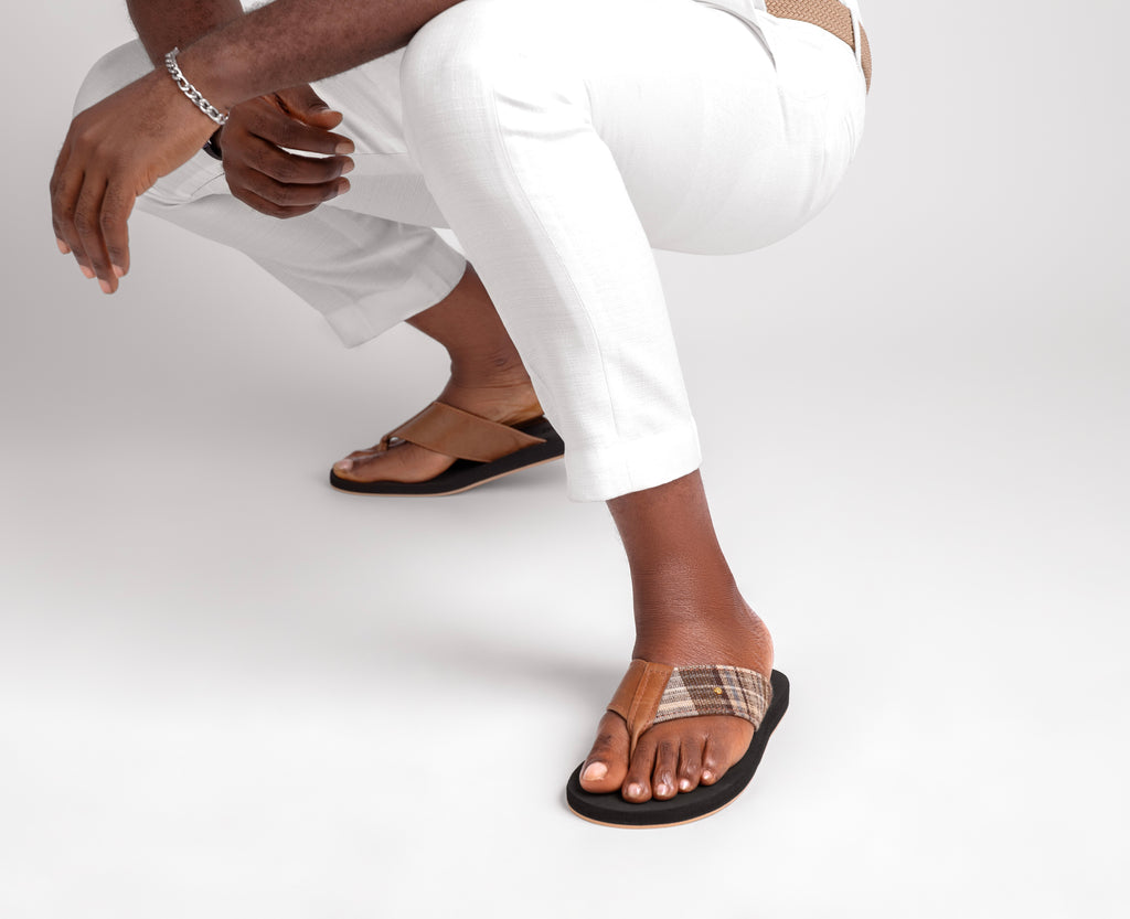 MEN BROWN/BLACK LEATHER THONG CUSHION  PAD FLIP FLOP SANDALS