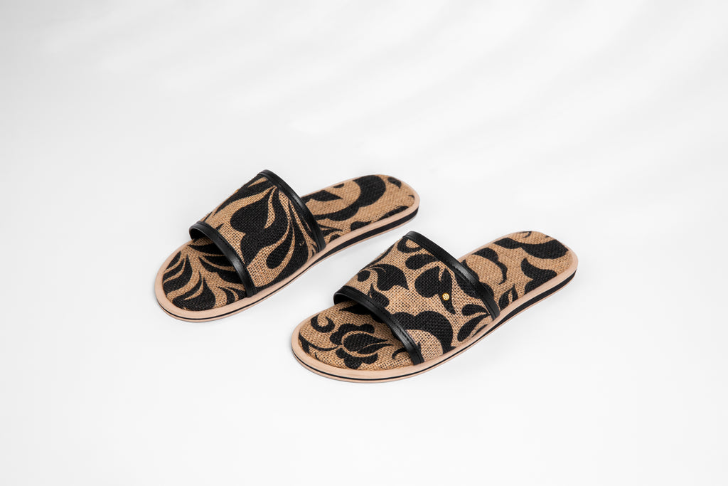 FLORAL JUTE  PATCHED BROWN/BLACK  AUTHENTIC  MEN SLIP-ON SANDALS