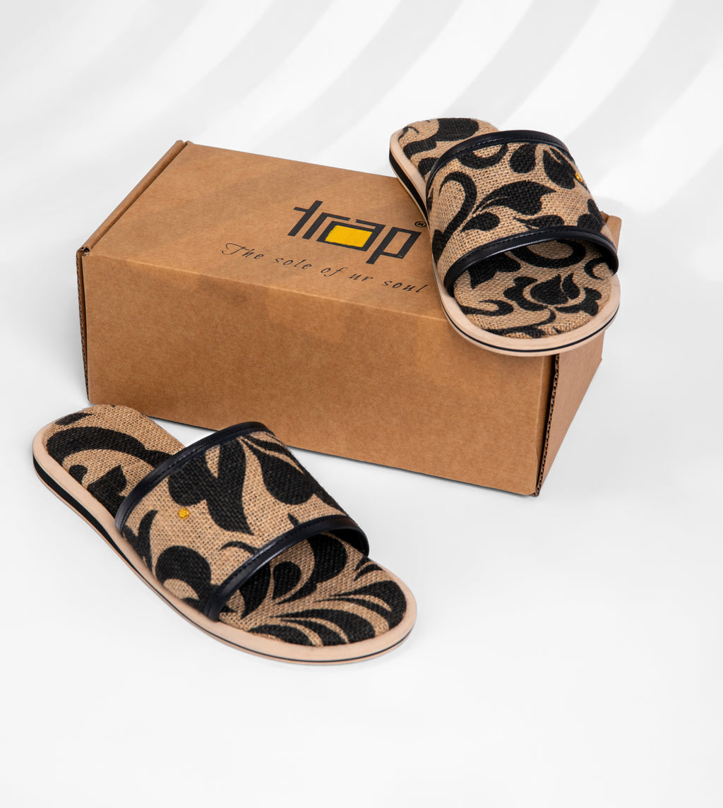 FLORAL JUTE  PATCHED BROWN/BLACK  AUTHENTIC  MEN SLIP-ON SANDALS