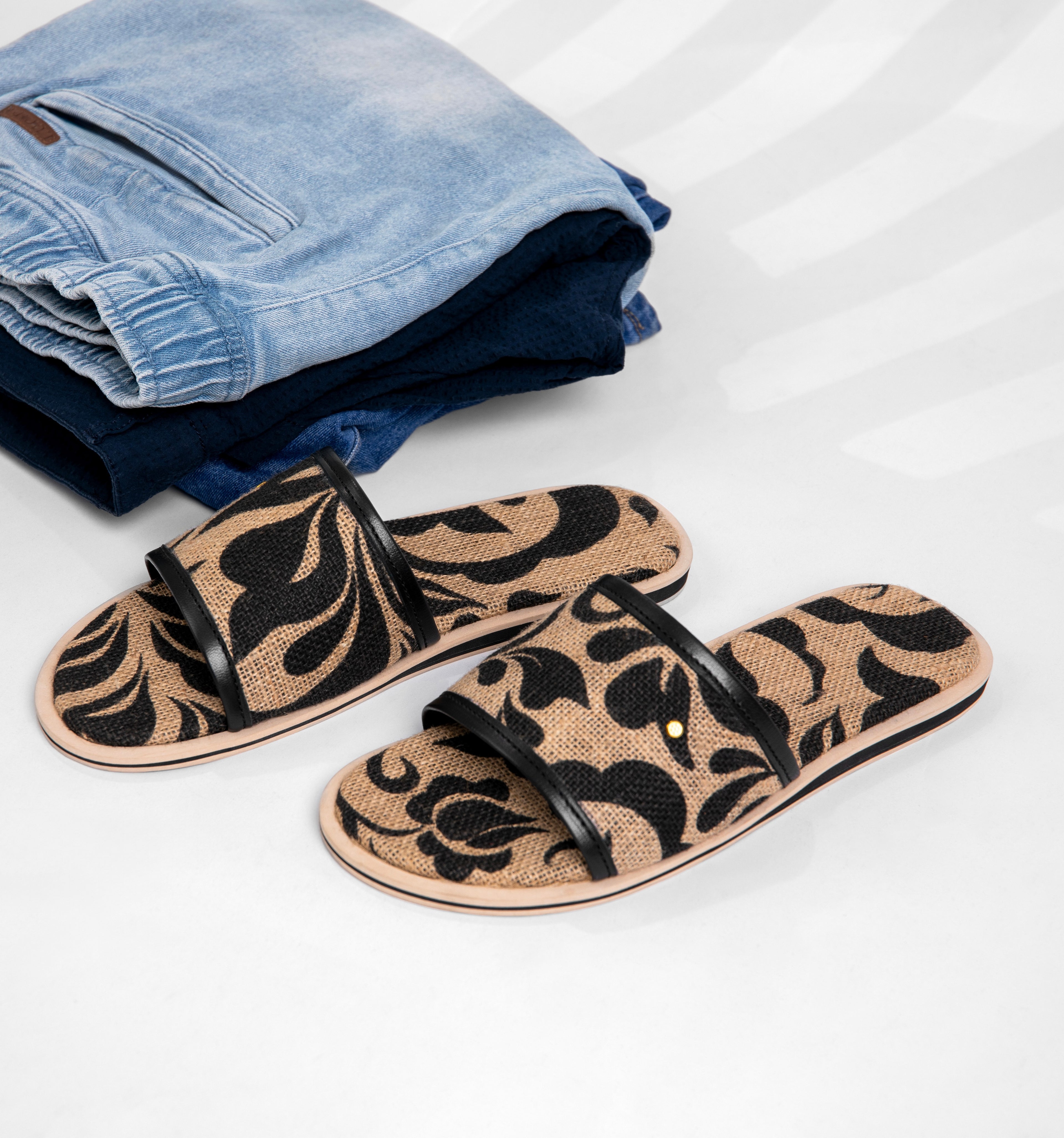 FLORAL JUTE  PATCHED BROWN/BLACK  AUTHENTIC  MEN SLIP-ON SANDALS