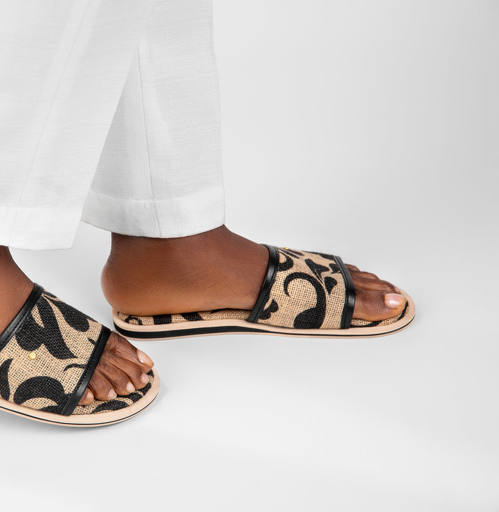 FLORAL JUTE  PATCHED BROWN/BLACK  AUTHENTIC  MEN SLIP-ON SANDALS